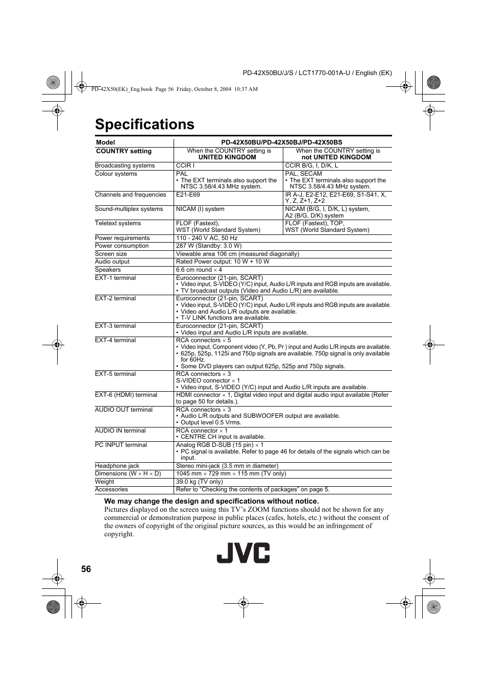 Specifications | JVC PD-42X50BU User Manual | Page 58 / 58