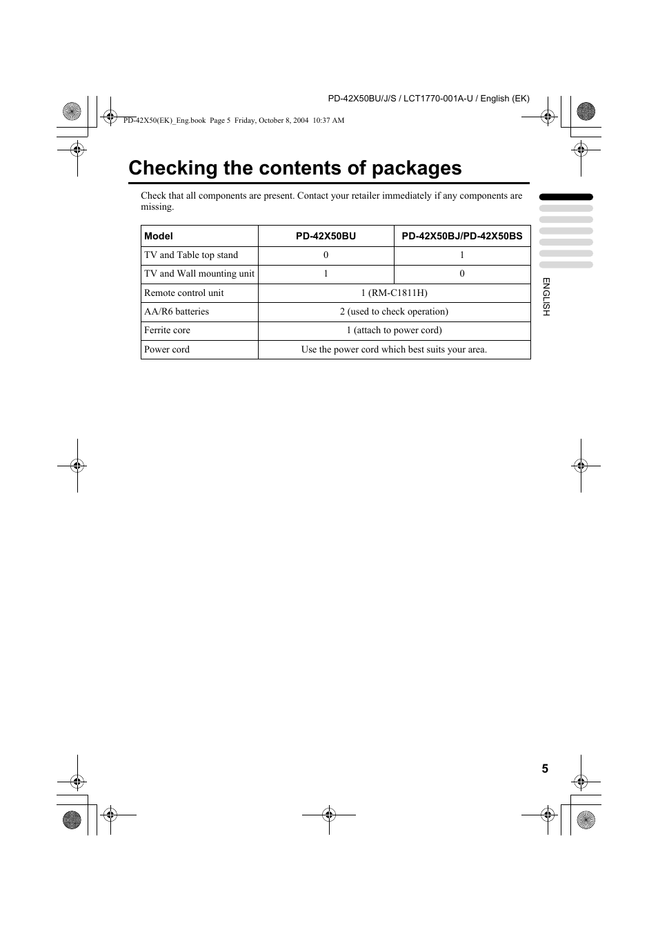 Checking the contents of packages | JVC PD-42X50BU User Manual | Page 7 / 58