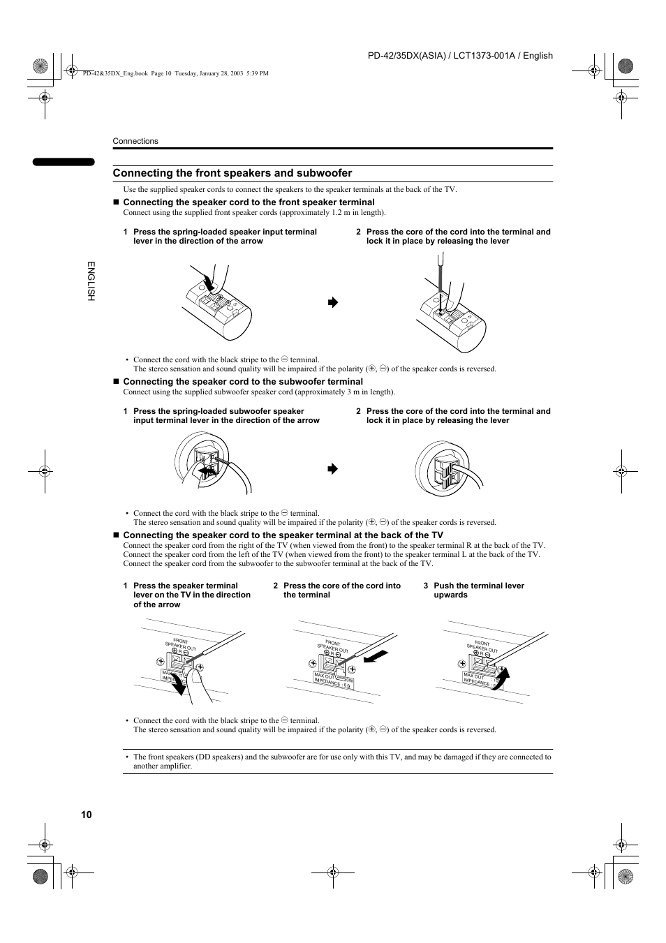 Connecting the front speakers and subwoofer | JVC PD-35DX  EN User Manual | Page 12 / 48