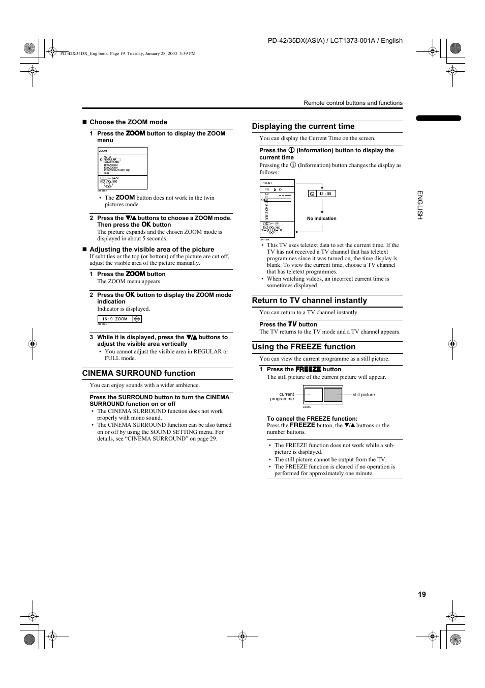 Cinema surround function, Displaying the current time, Return to tv channel instantly | Using the freeze function, Adjusting the visible area of the picture | JVC PD-35DX  EN User Manual | Page 21 / 48