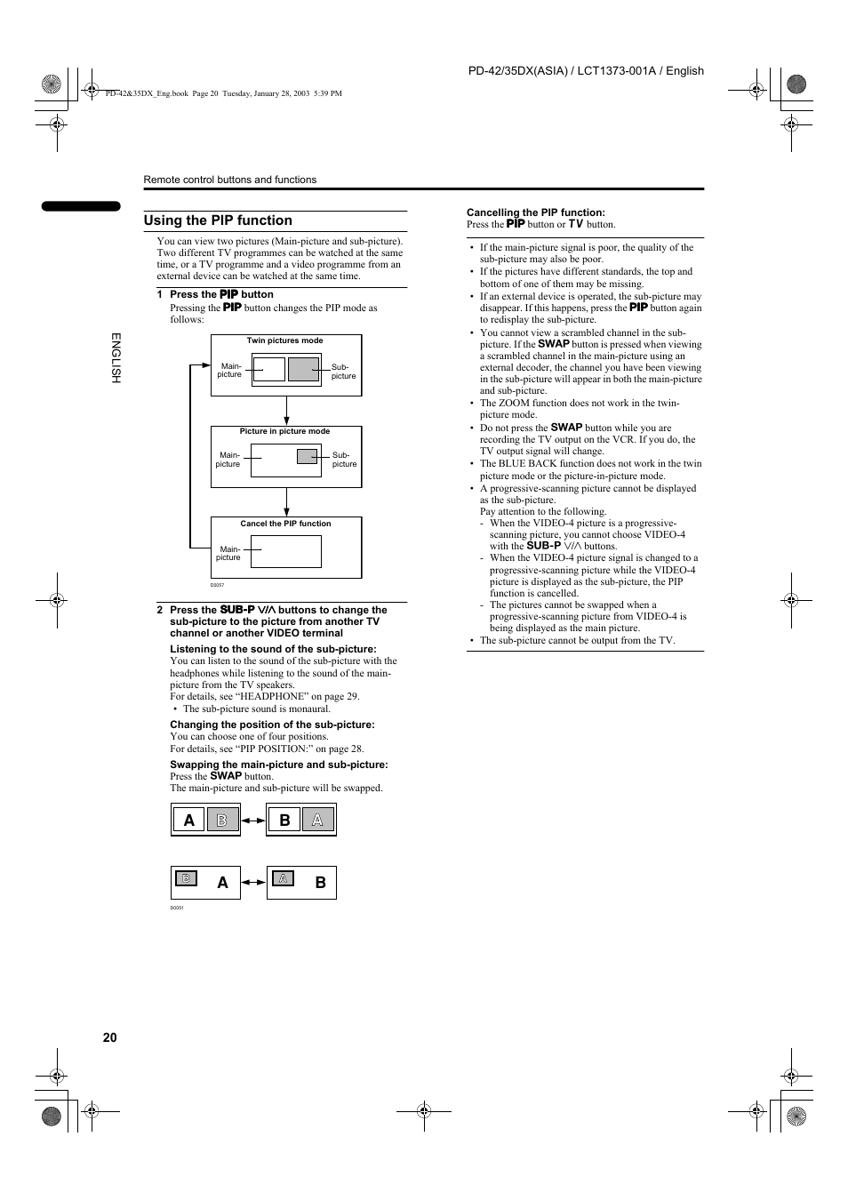 Using the pip function | JVC PD-35DX  EN User Manual | Page 22 / 48