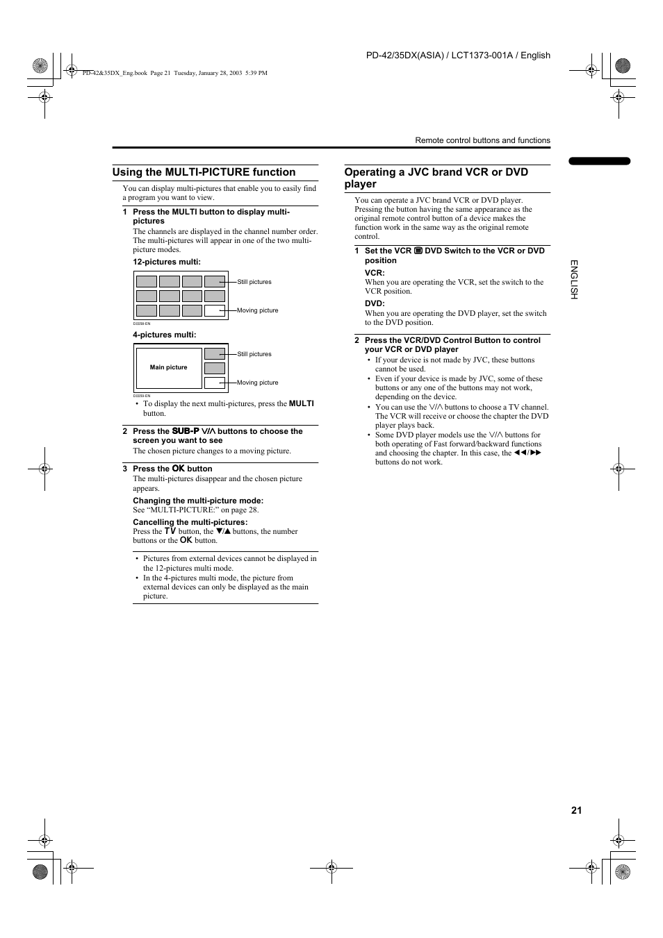 Using the multi-picture function, Operating a jvc brand vcr or dvd player | JVC PD-35DX  EN User Manual | Page 23 / 48