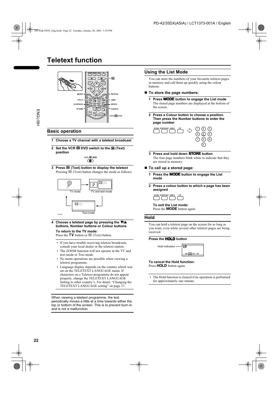 Teletext function, Basic operation, Using the list mode | Hold | JVC PD-35DX  EN User Manual | Page 24 / 48