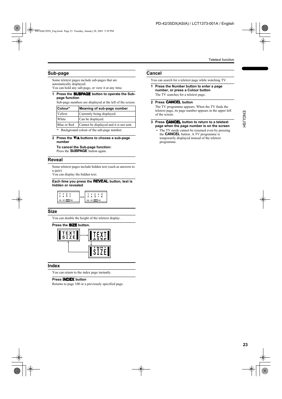 Sub-page, Reveal, Size | Index, Cancel | JVC PD-35DX  EN User Manual | Page 25 / 48