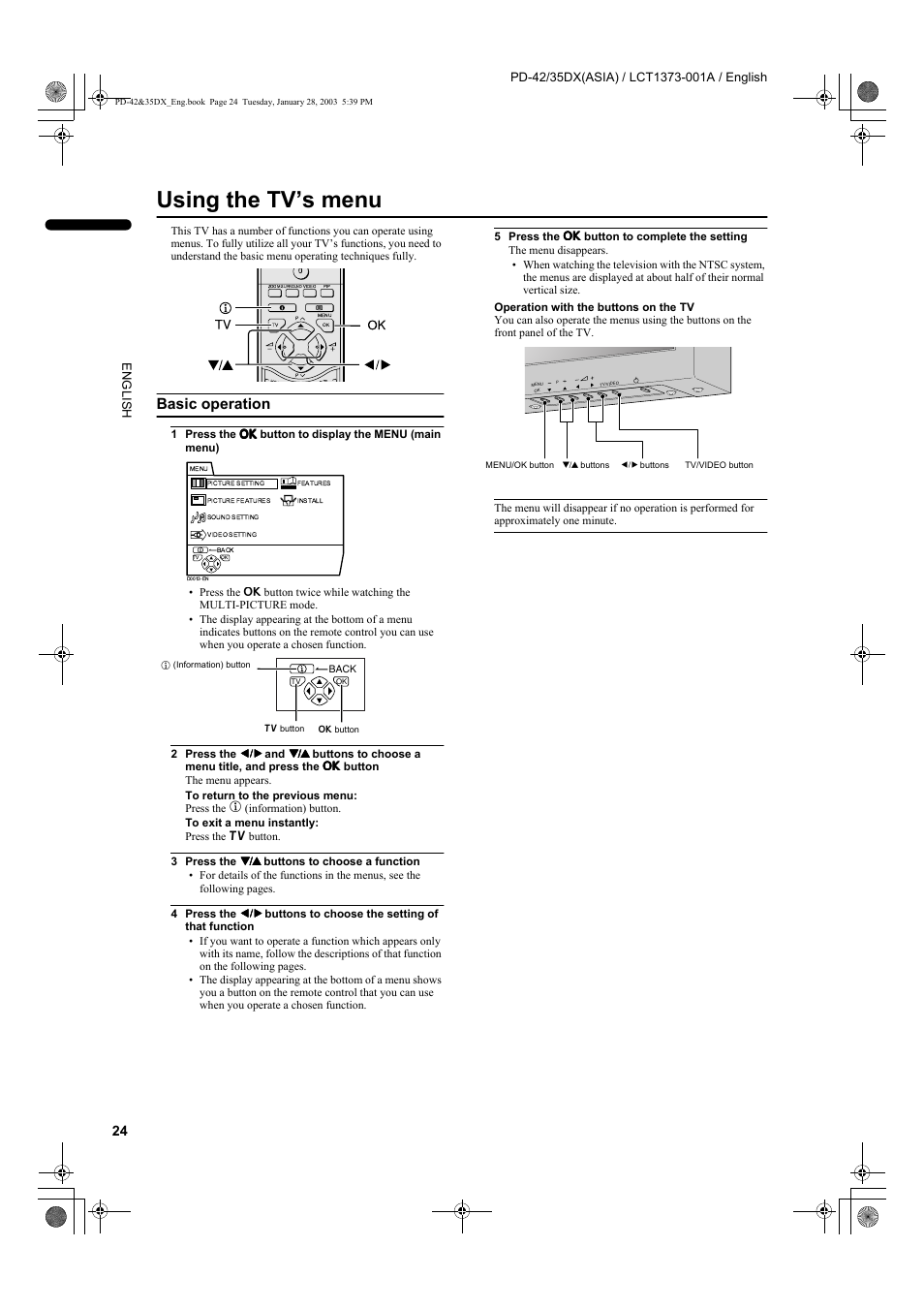 Using the tv’s menu, Basic operation | JVC PD-35DX  EN User Manual | Page 26 / 48