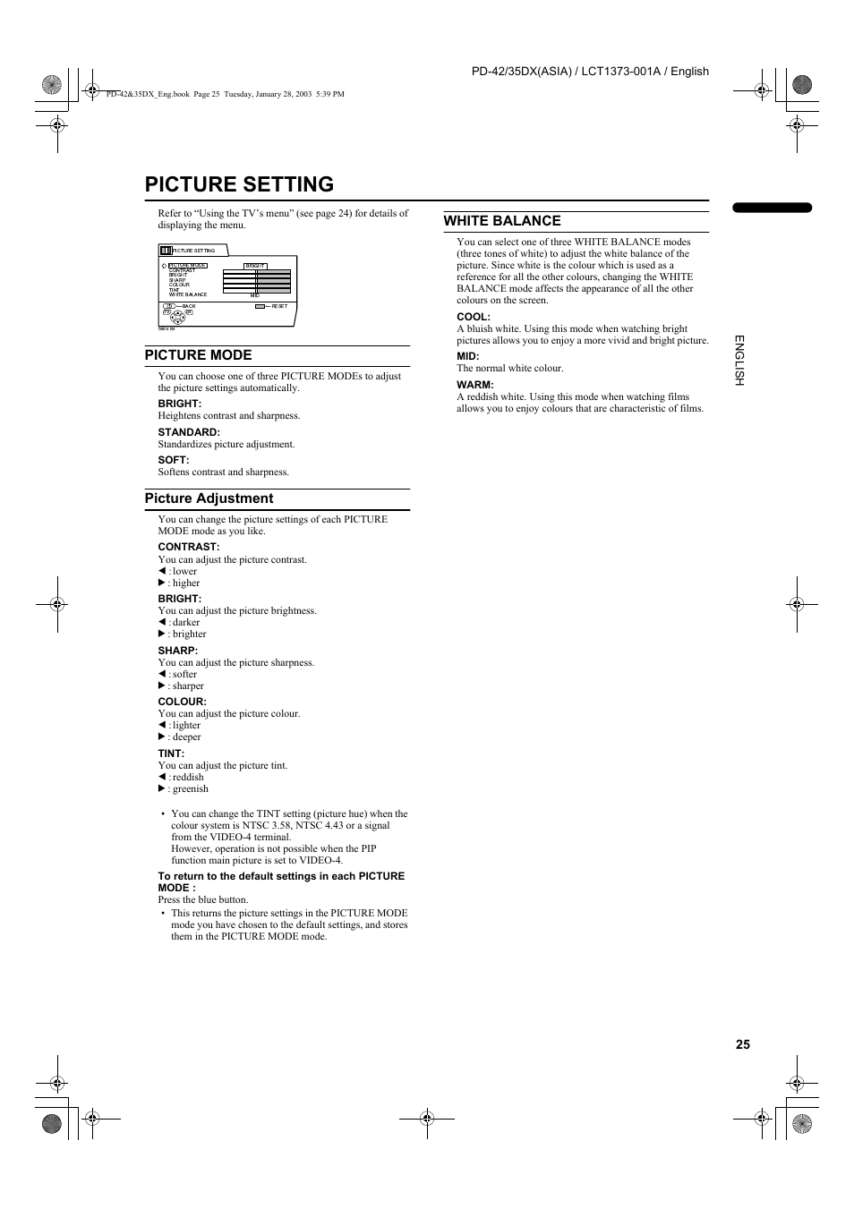 Picture setting, Picture mode, Picture adjustment | White balance | JVC PD-35DX  EN User Manual | Page 27 / 48