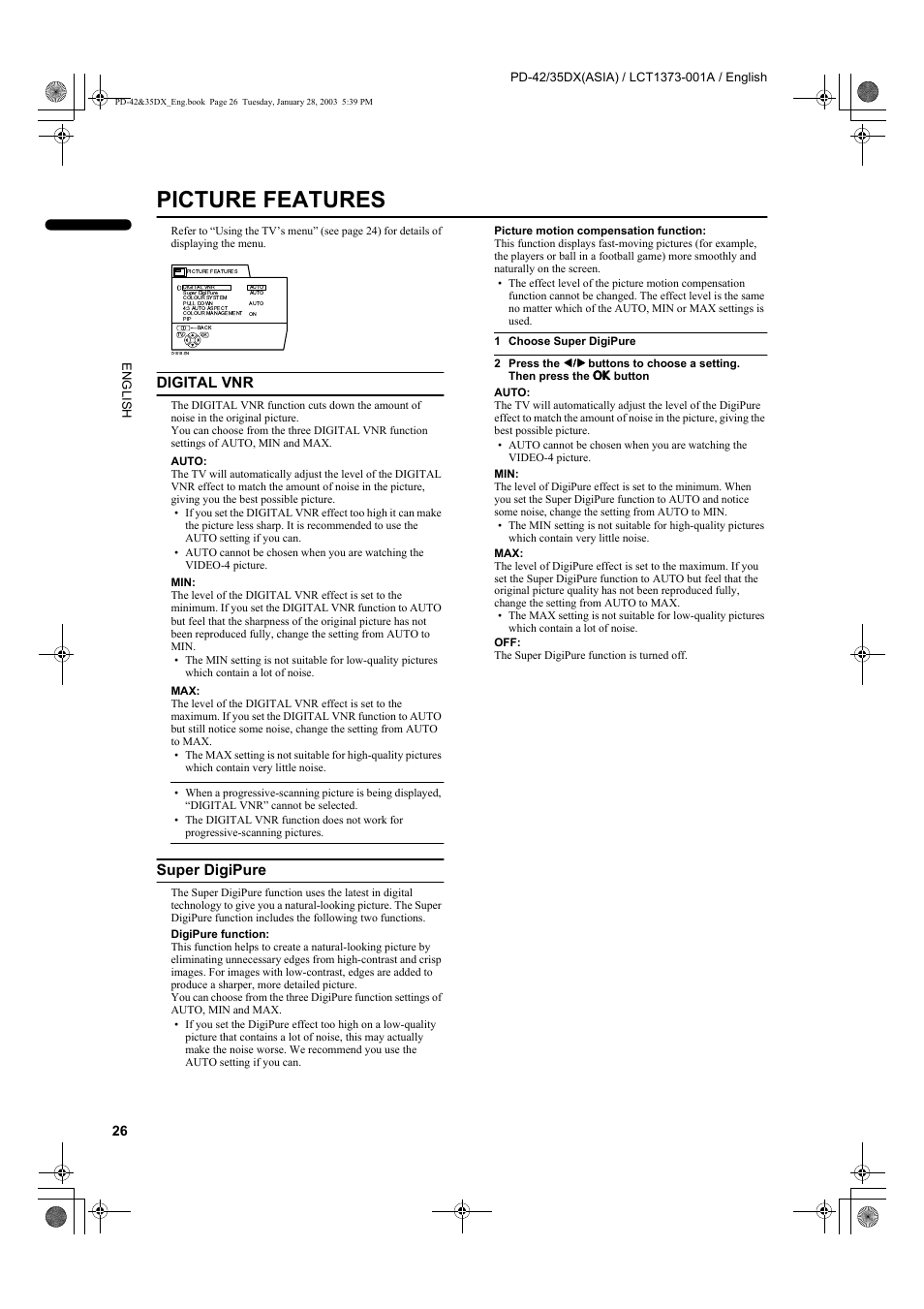 Picture features, Digital vnr, Super digipure | JVC PD-35DX  EN User Manual | Page 28 / 48