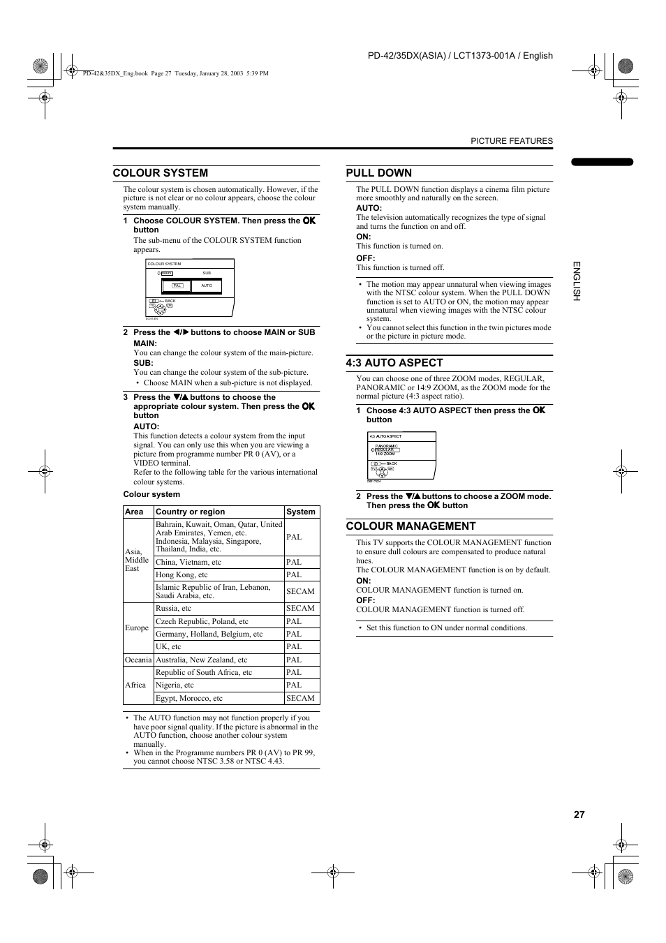 Colour system, Pull down, 3 auto aspect | Colour management | JVC PD-35DX  EN User Manual | Page 29 / 48