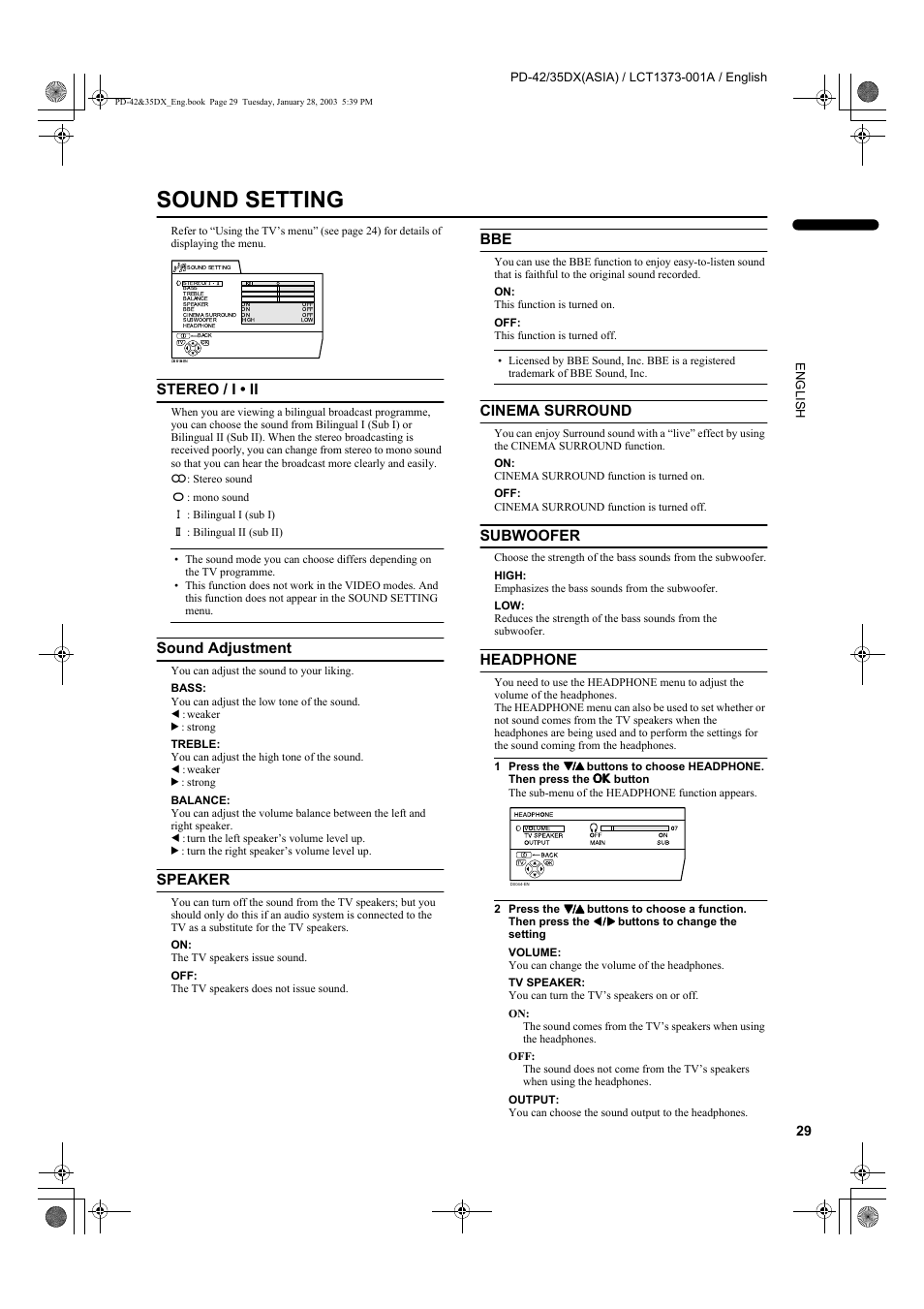 Sound setting, Stereo / i • ii, Sound adjustment | Speaker, Cinema surround, Subwoofer, Headphone | JVC PD-35DX  EN User Manual | Page 31 / 48