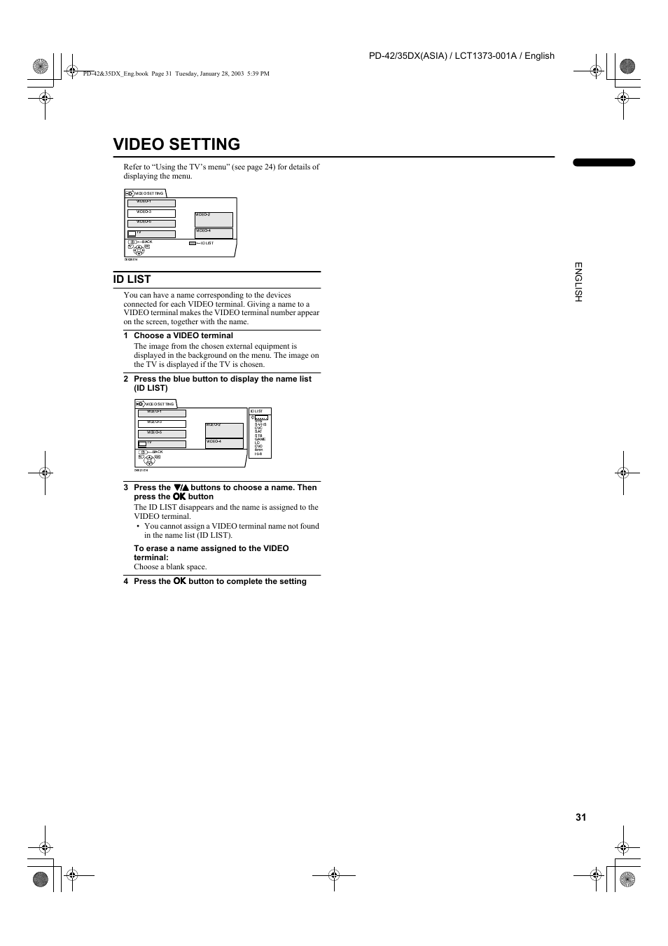 Video setting, Id list | JVC PD-35DX  EN User Manual | Page 33 / 48