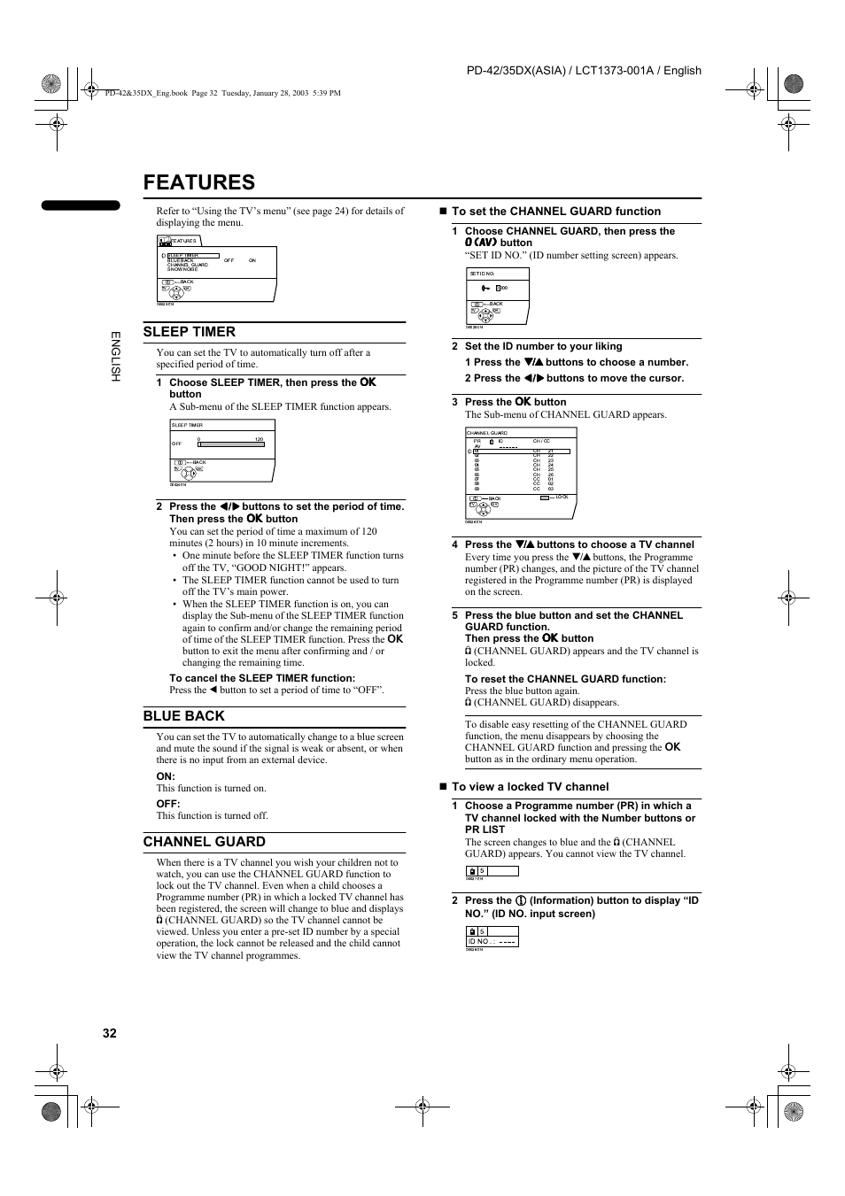 Features, Sleep timer, Blue back | Channel guard | JVC PD-35DX  EN User Manual | Page 34 / 48