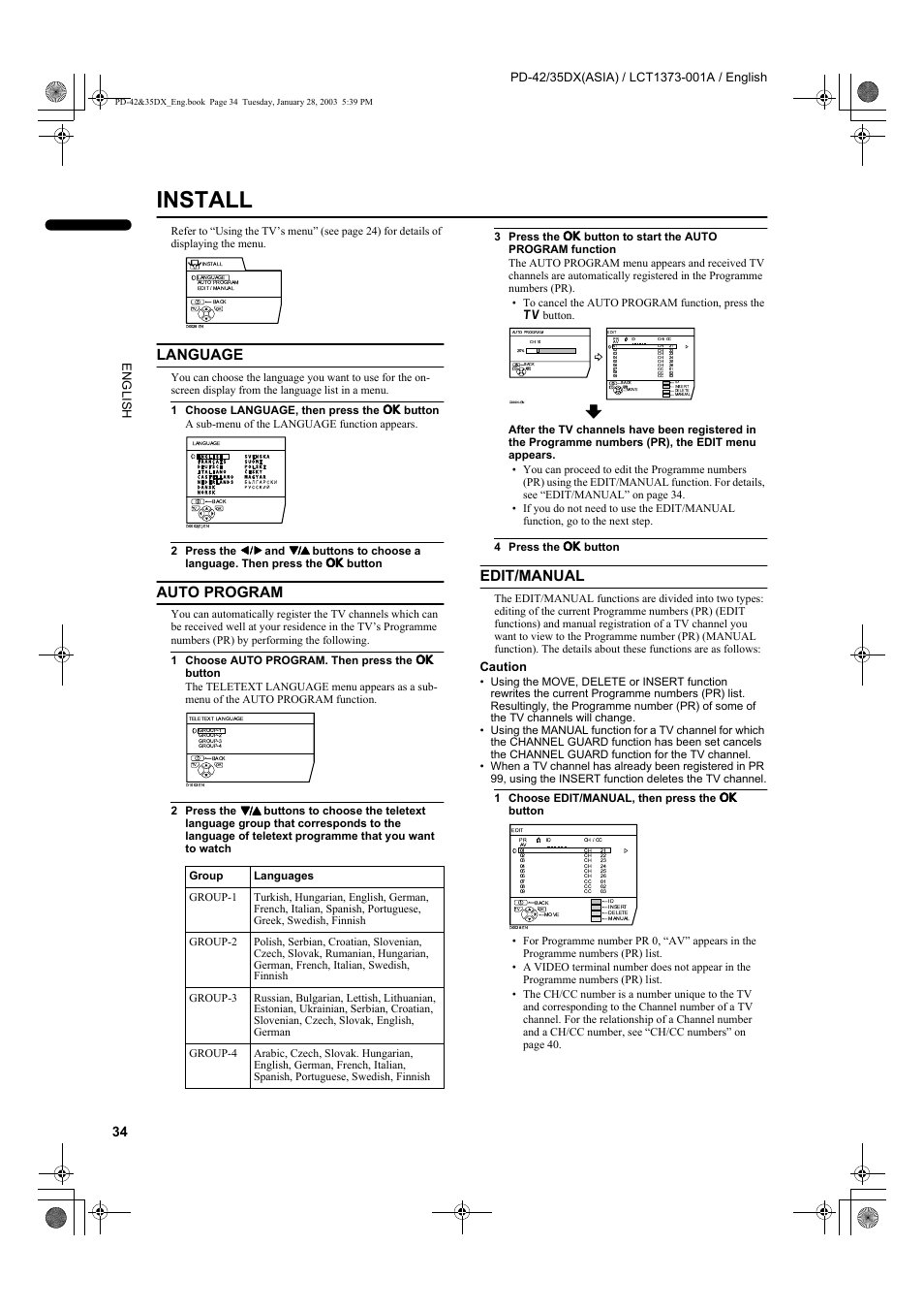 Install, Language, Auto program | Edit/manual, Caution | JVC PD-35DX  EN User Manual | Page 36 / 48