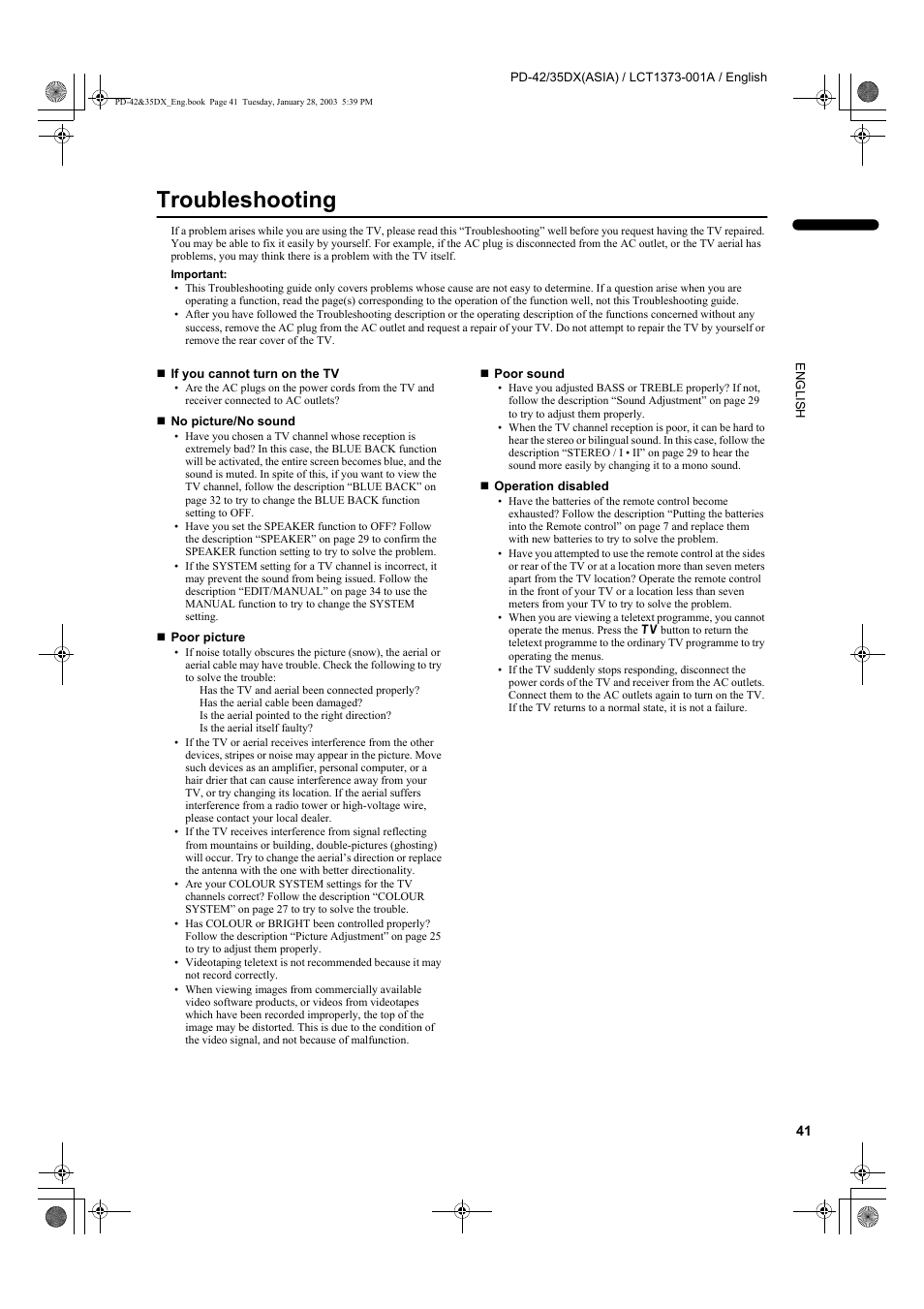 Troubleshooting | JVC PD-35DX  EN User Manual | Page 43 / 48