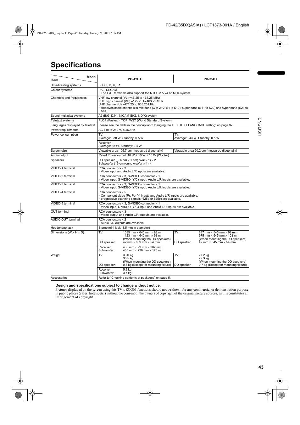 Specifications | JVC PD-35DX  EN User Manual | Page 45 / 48