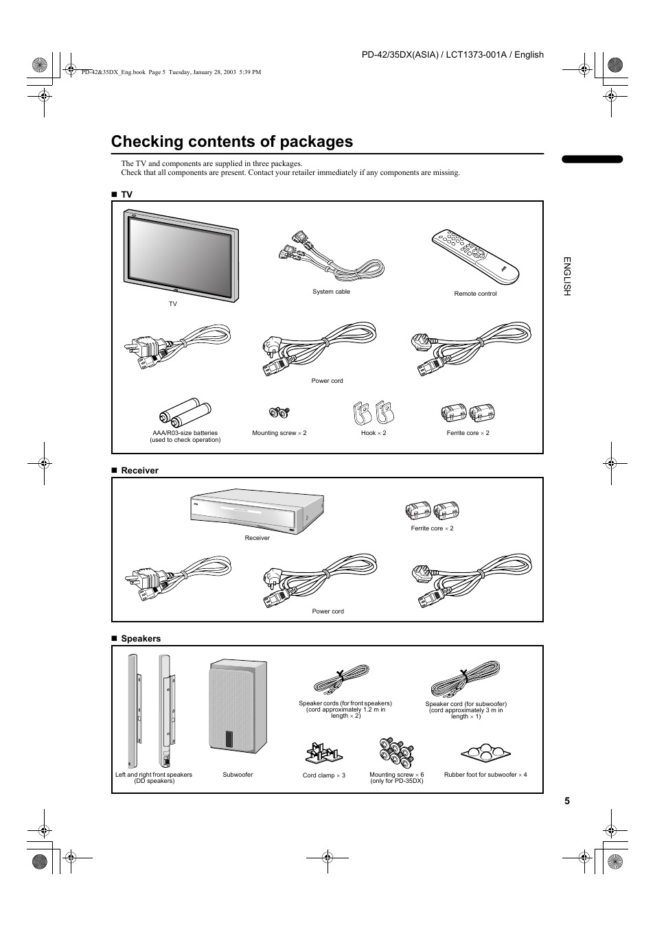 Checking contents of packages | JVC PD-35DX  EN User Manual | Page 7 / 48