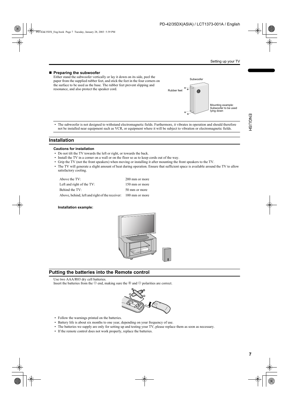 Installation, Putting the batteries into the remote control | JVC PD-35DX  EN User Manual | Page 9 / 48