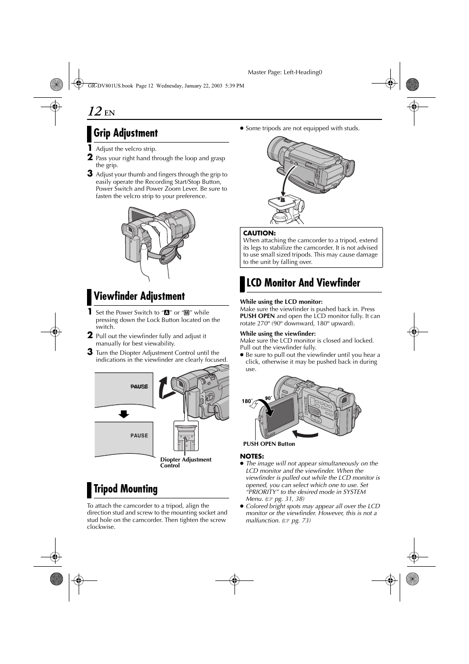 Grip adjustment, Viewfinder adjustment, Tripod mounting | Lcd monitor and viewfinder | JVC GR-DV801 User Manual | Page 12 / 88