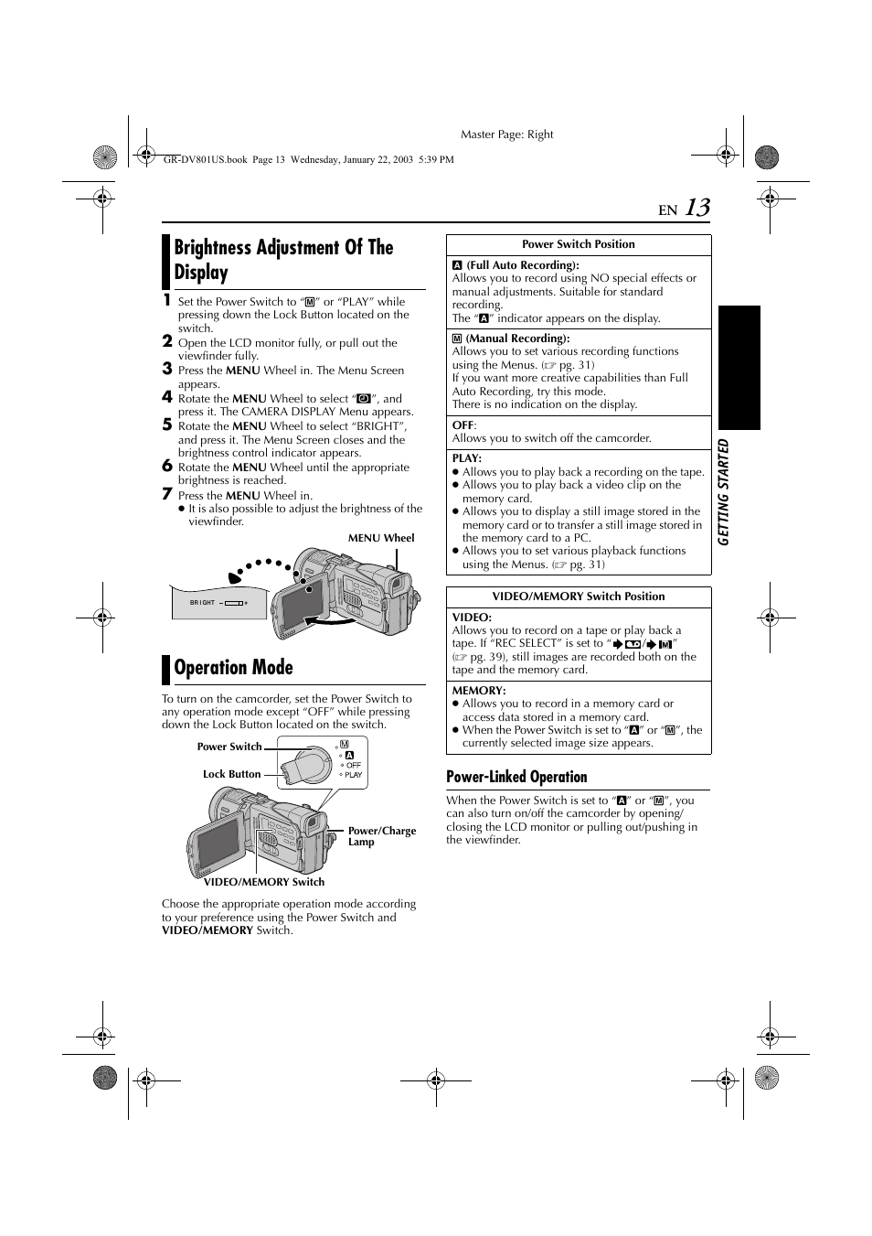 Brightness adjustment of the display, Operation mode, Power-linked operation | JVC GR-DV801 User Manual | Page 13 / 88