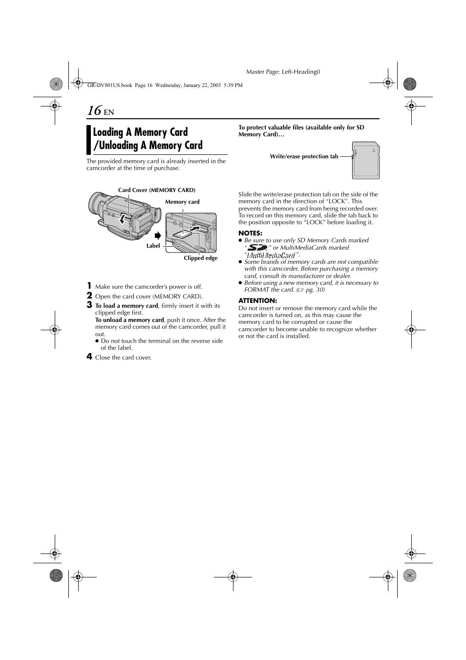 Loading a memory card /unloading a memory card | JVC GR-DV801 User Manual | Page 16 / 88