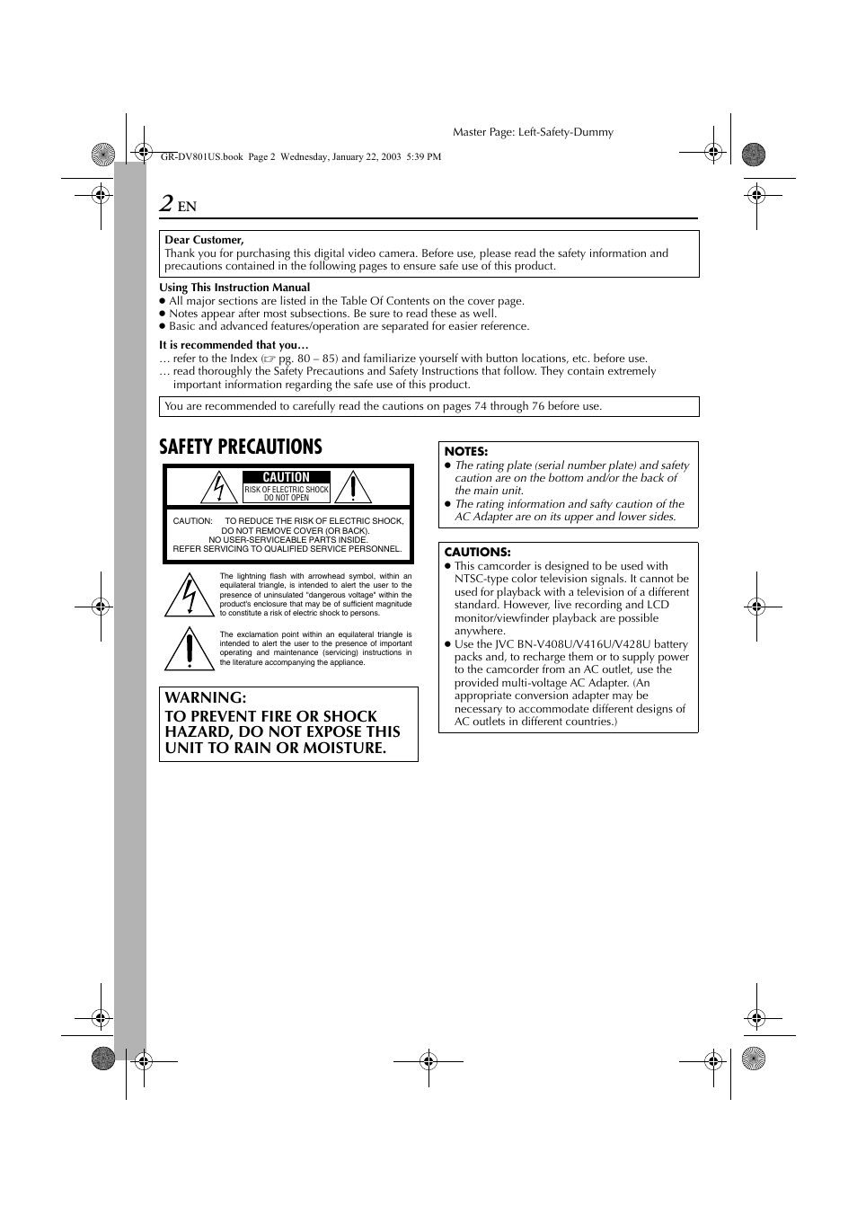 Safety precautions | JVC GR-DV801 User Manual | Page 2 / 88