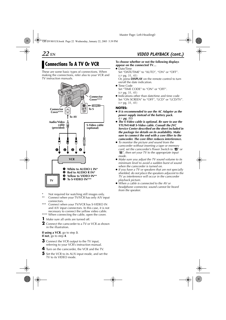 Connections to a tv or vcr, Pg. 22), Video playback (cont.) | JVC GR-DV801 User Manual | Page 22 / 88