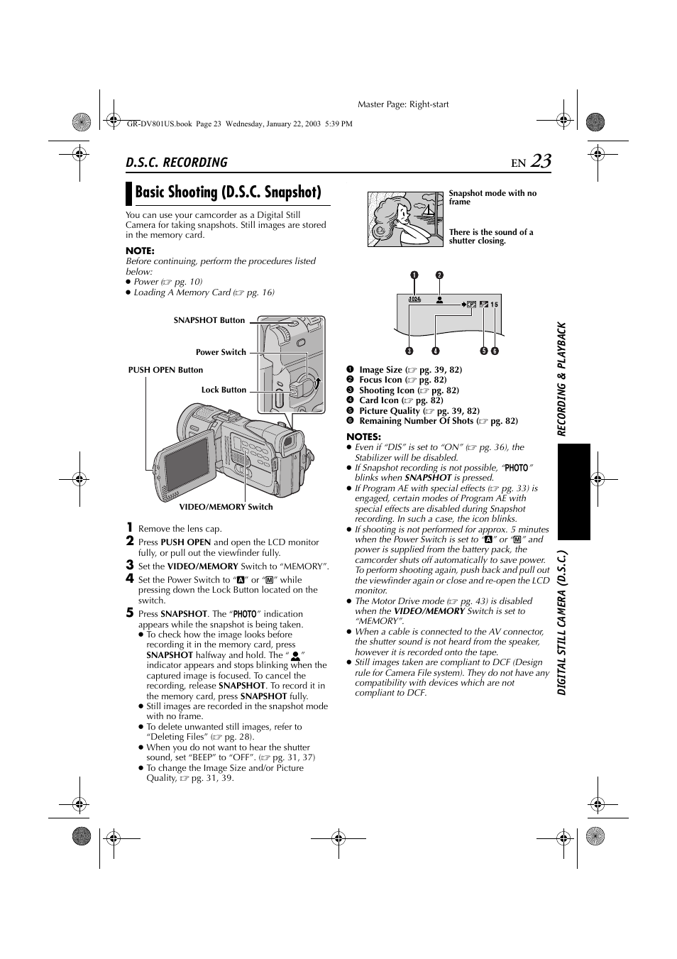 Digital still camera (d.s.c.) recording & playback, D.s.c. recording, Basic shooting (d.s.c. snapshot) | JVC GR-DV801 User Manual | Page 23 / 88