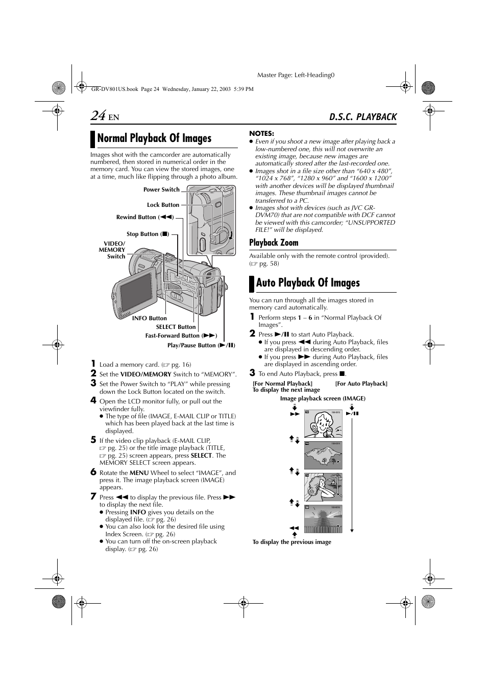 D.s.c. playback, Normal playback of images, Auto playback of images | Playback zoom | JVC GR-DV801 User Manual | Page 24 / 88