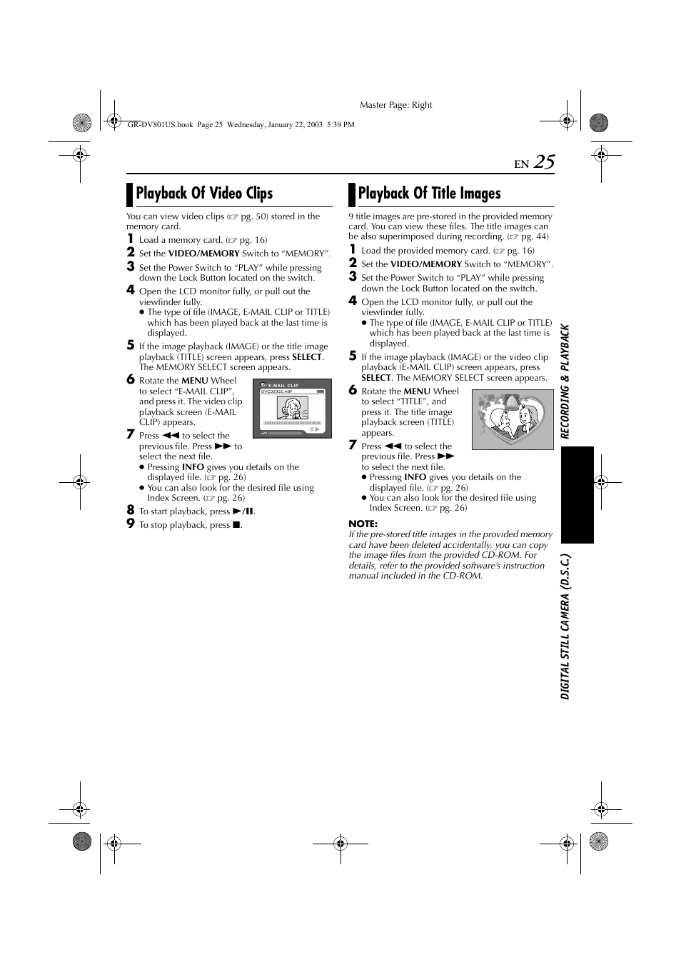 Playback of video clips, Playback of title images, Pg. 25) or | Itle, Pg. 25) screen | JVC GR-DV801 User Manual | Page 25 / 88