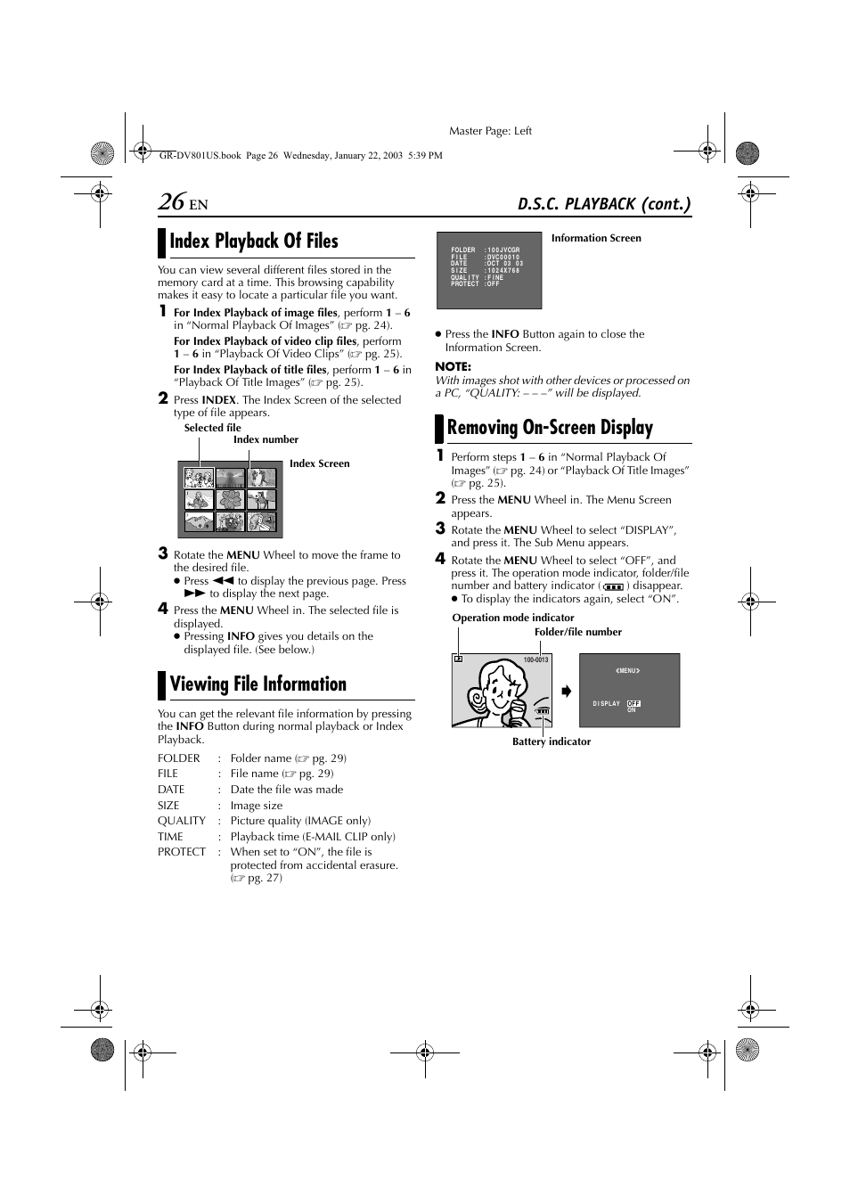 Index playback of files, Viewing file information, Removing on-screen display | File, Pg. 26), D file, Index playback of files viewing file information, D.s.c. playback (cont.) | JVC GR-DV801 User Manual | Page 26 / 88