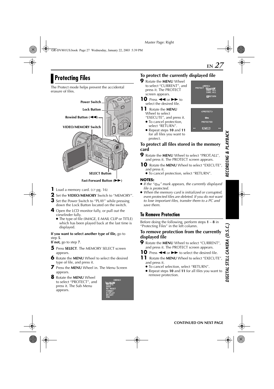 Protecting files, Pg. 27) | JVC GR-DV801 User Manual | Page 27 / 88