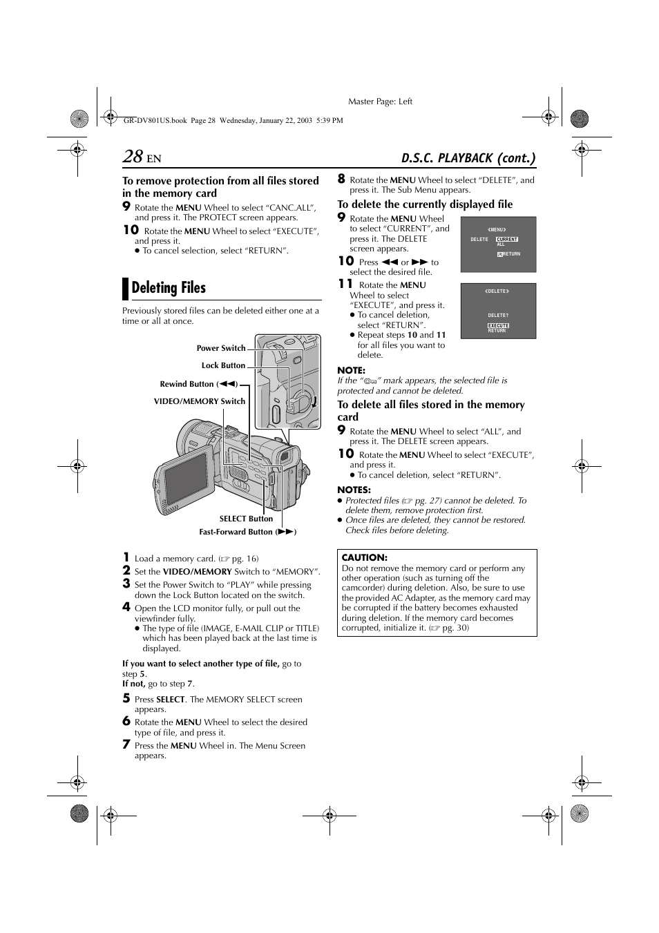 Deleting files, Pg. 28), D.s.c. playback (cont.) | JVC GR-DV801 User Manual | Page 28 / 88