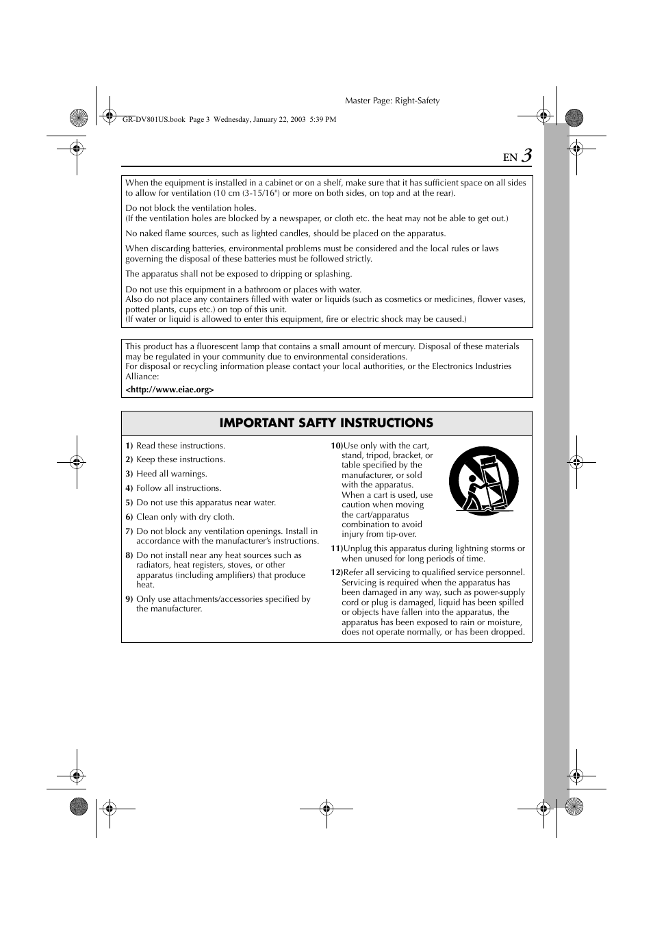 Important safty instructions | JVC GR-DV801 User Manual | Page 3 / 88