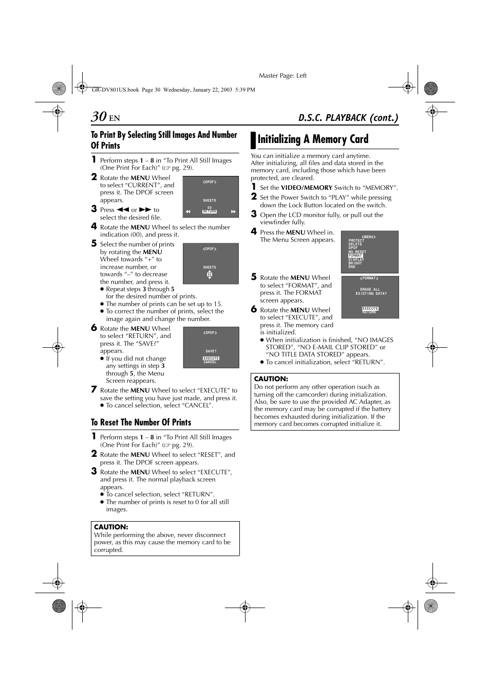 Initializing a memory card, Ialize it, Pg. 30) | D.s.c. playback (cont.) | JVC GR-DV801 User Manual | Page 30 / 88