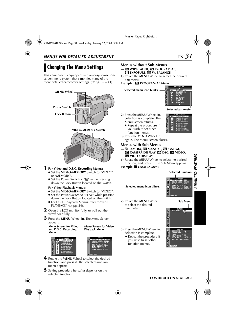 Advanced features, Menus for detailed adjustment, Changing the menu settings | Pg. 31, 38), Pg. 31), Pg. 31, Pg. 31, 34, Sound, set “beep” to “off, Pg. 31, 37), Pg. 31, 39 | JVC GR-DV801 User Manual | Page 31 / 88