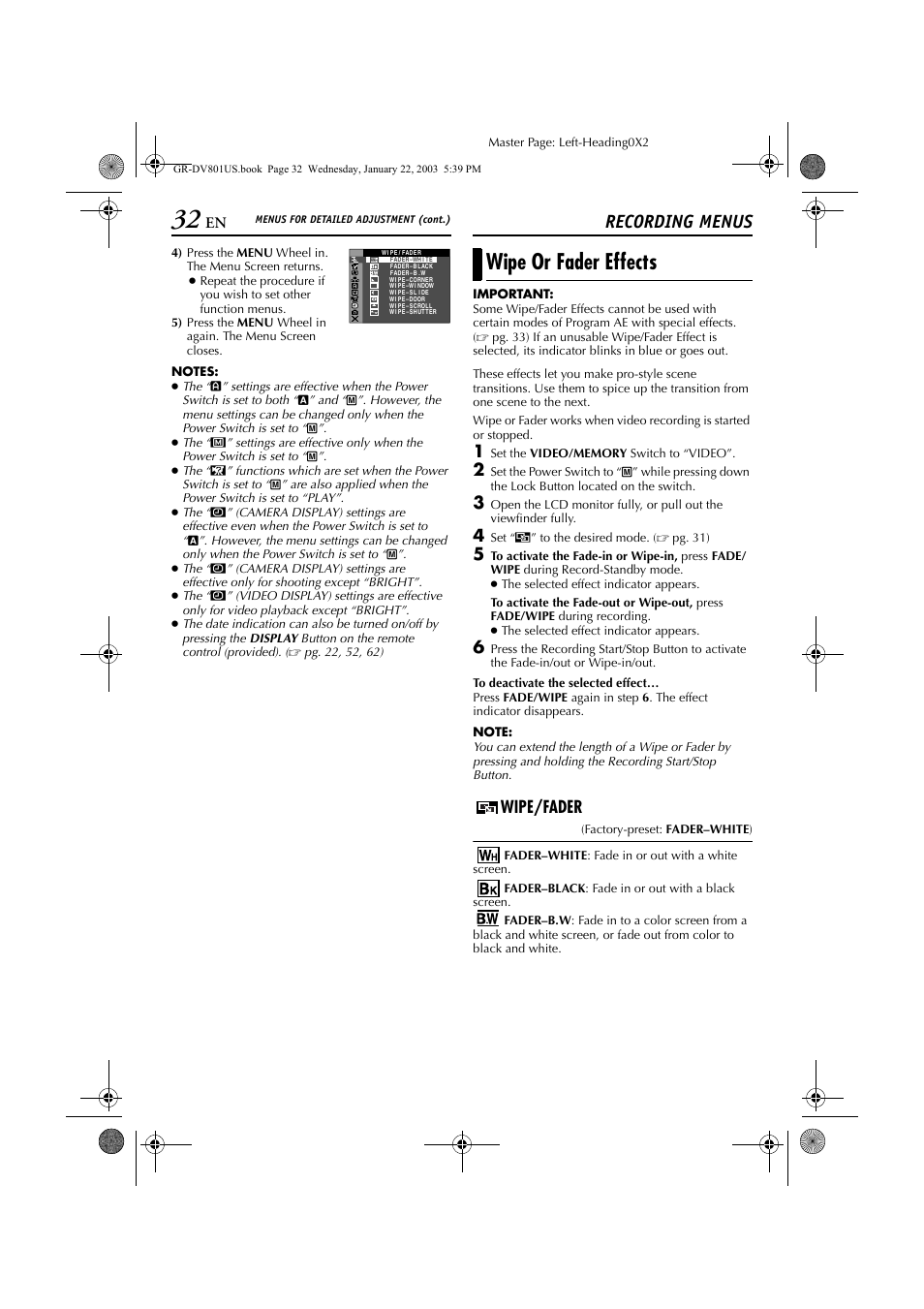 Recording menus, Wipe or fader effects, Wipe/fader | Master page: left-heading0x2, Set “v ” to the desired mode. ( ੬ pg. 31) | JVC GR-DV801 User Manual | Page 32 / 88