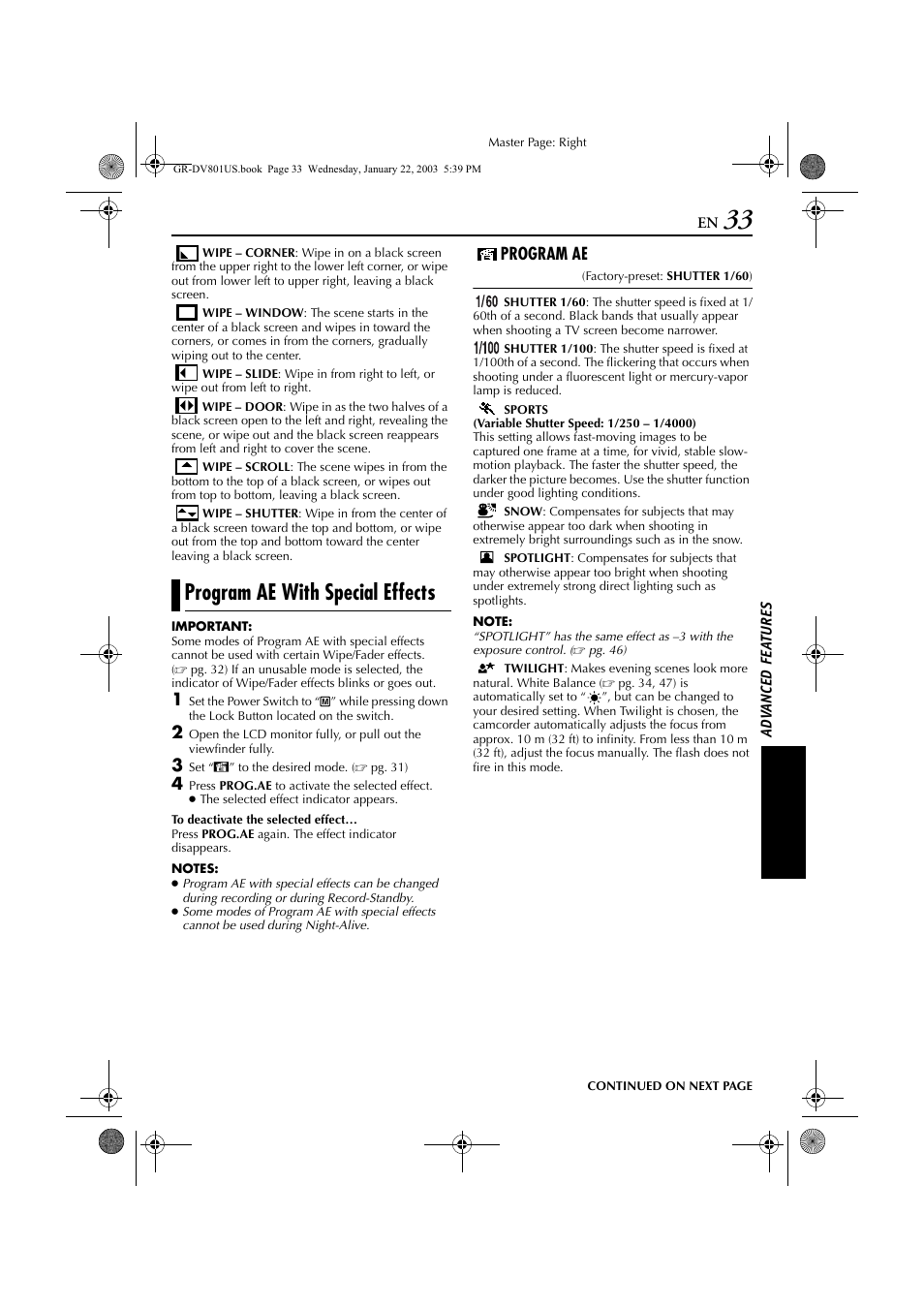 Program ae with special effects, Pg. 33) is, Pg. 33) | Program ae | JVC GR-DV801 User Manual | Page 33 / 88