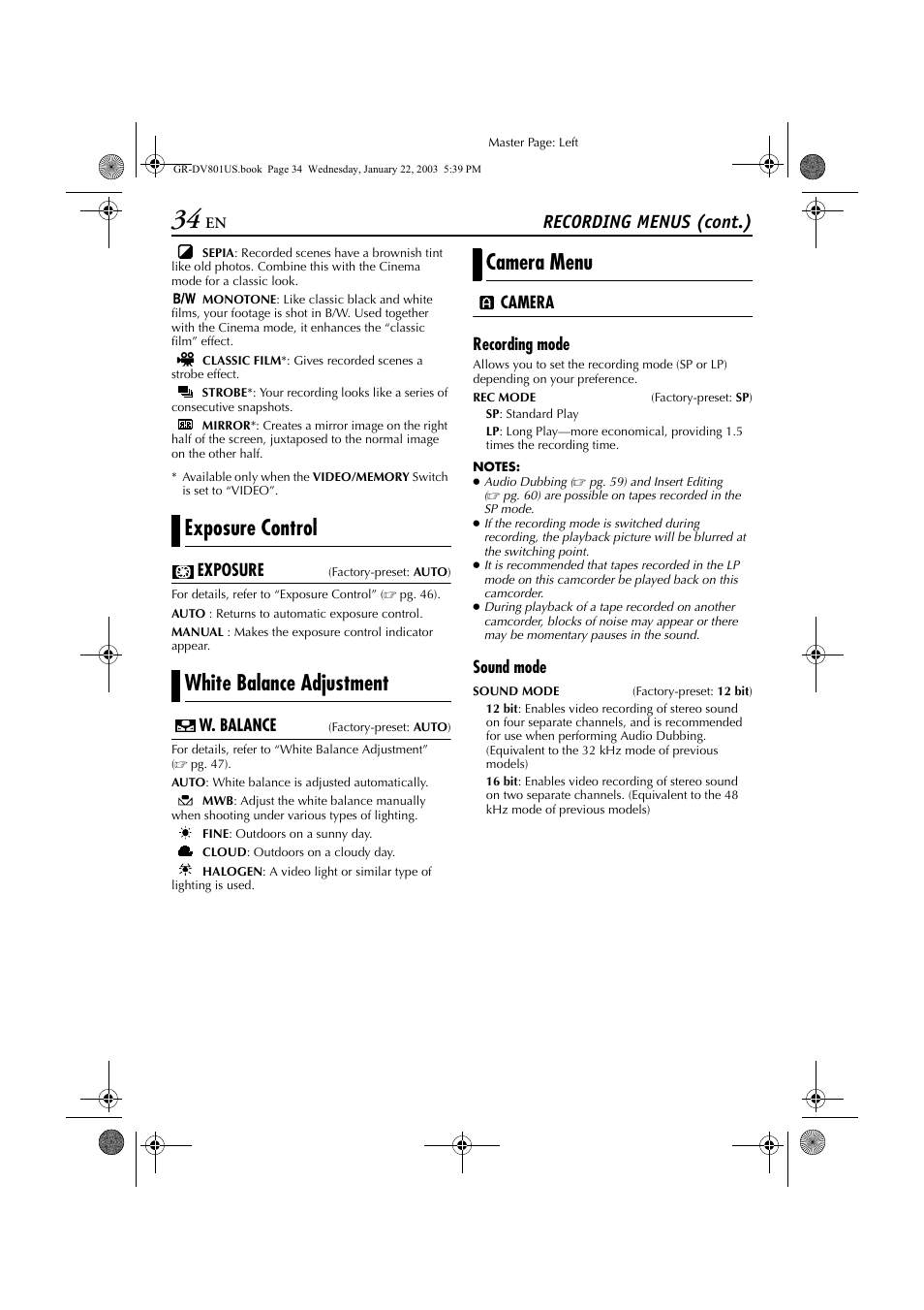 White balance adjustment, Ite balance, Pg. 34, 47) is | Recording menus (cont.) | JVC GR-DV801 User Manual | Page 34 / 88