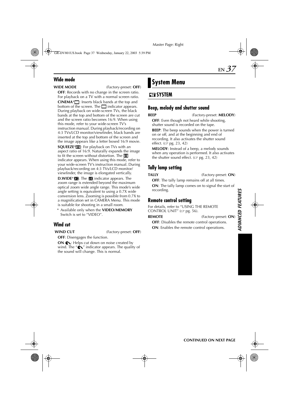 System menu | JVC GR-DV801 User Manual | Page 37 / 88