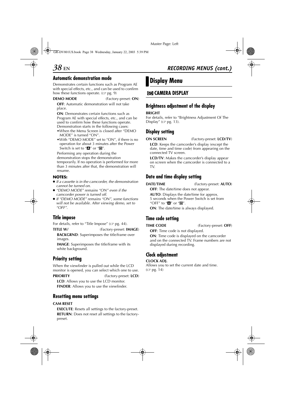 T to “on, Pg. 38), Display menu | Recording menus (cont.) | JVC GR-DV801 User Manual | Page 38 / 88