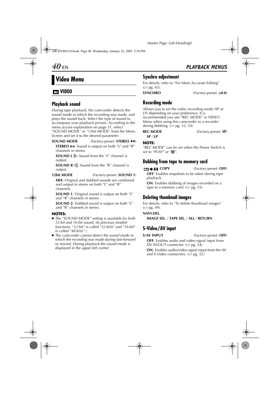 Playback menus, Video menu, Video playback sound | Synchro adjustment, Recording mode, Deleting thumbnail images, S-video/av input | JVC GR-DV801 User Manual | Page 40 / 88