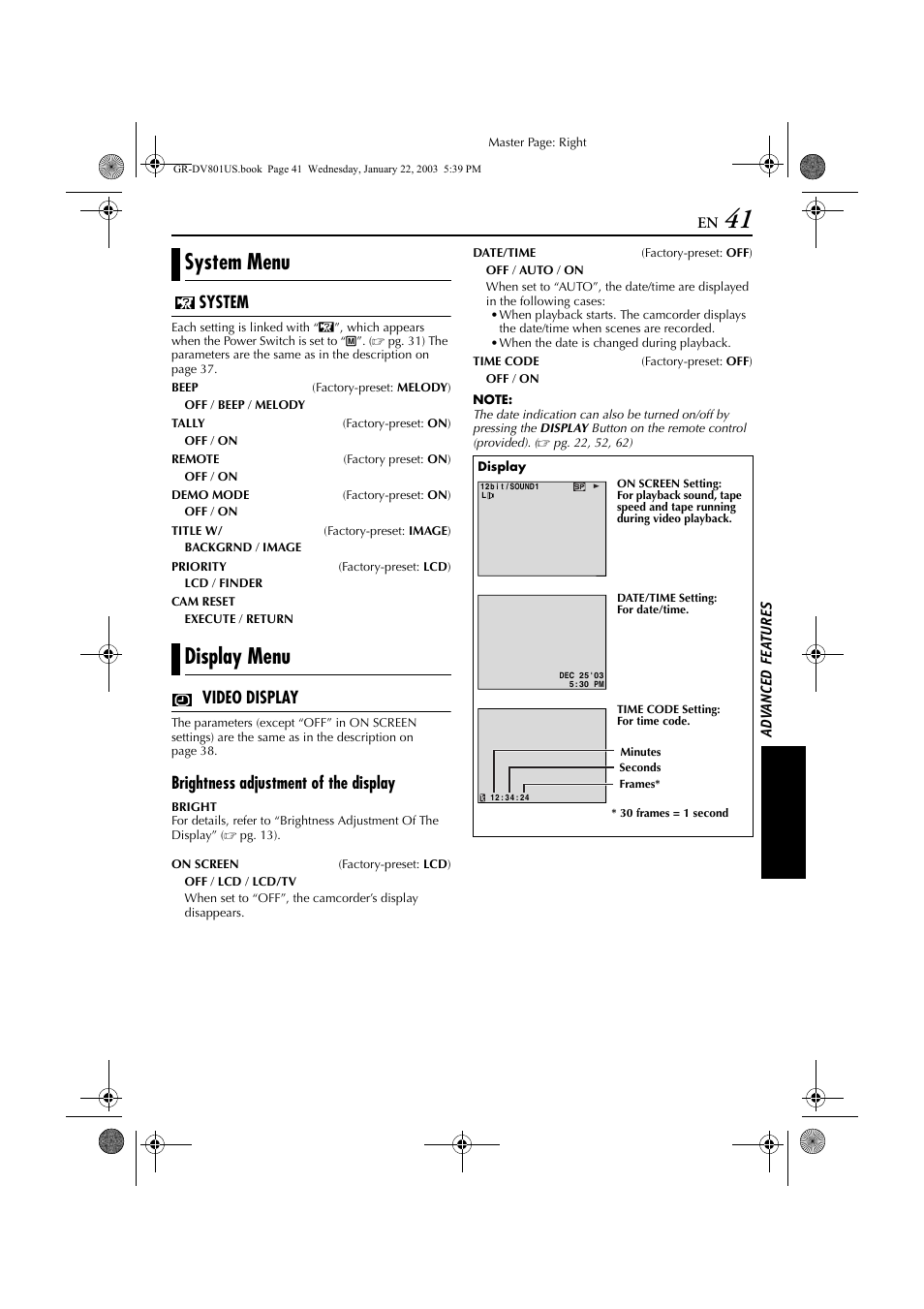 System menu display menu, System, Video display | Brightness adjustment of the display | JVC GR-DV801 User Manual | Page 41 / 88