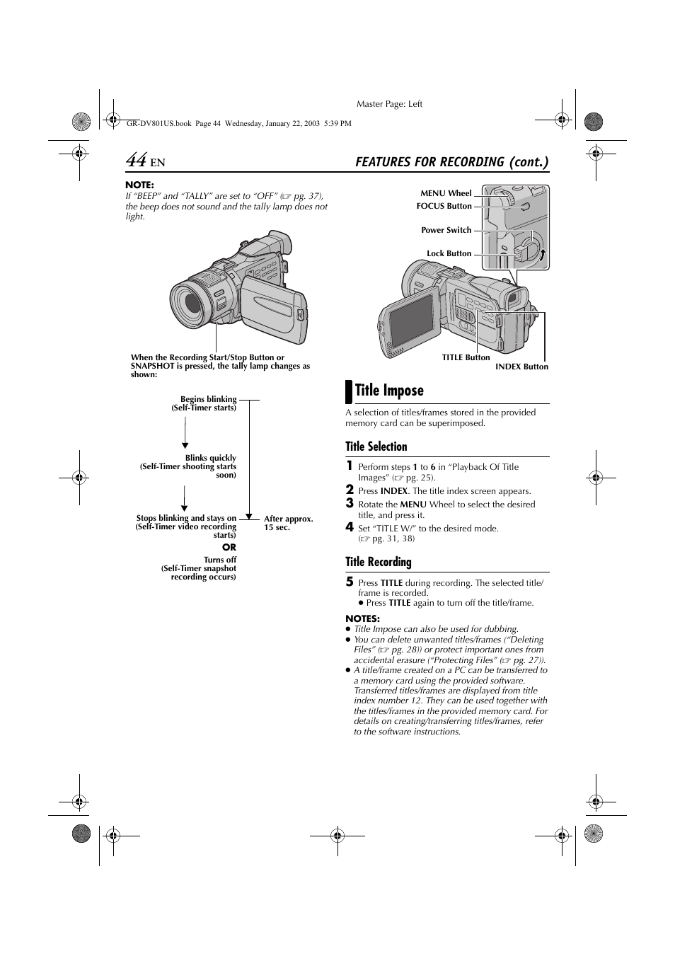 Title impose, Rding, Pg. 44) | Features for recording (cont.), Title selection 1, Title recording 5 | JVC GR-DV801 User Manual | Page 44 / 88