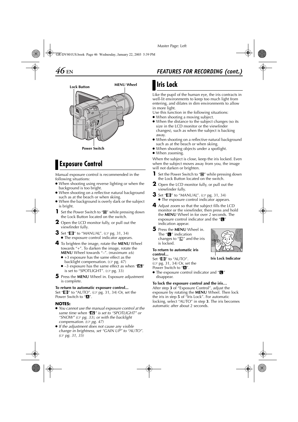 Exposure control, Iris lock, Re control | Pg. 46), Features for recording (cont.) | JVC GR-DV801 User Manual | Page 46 / 88