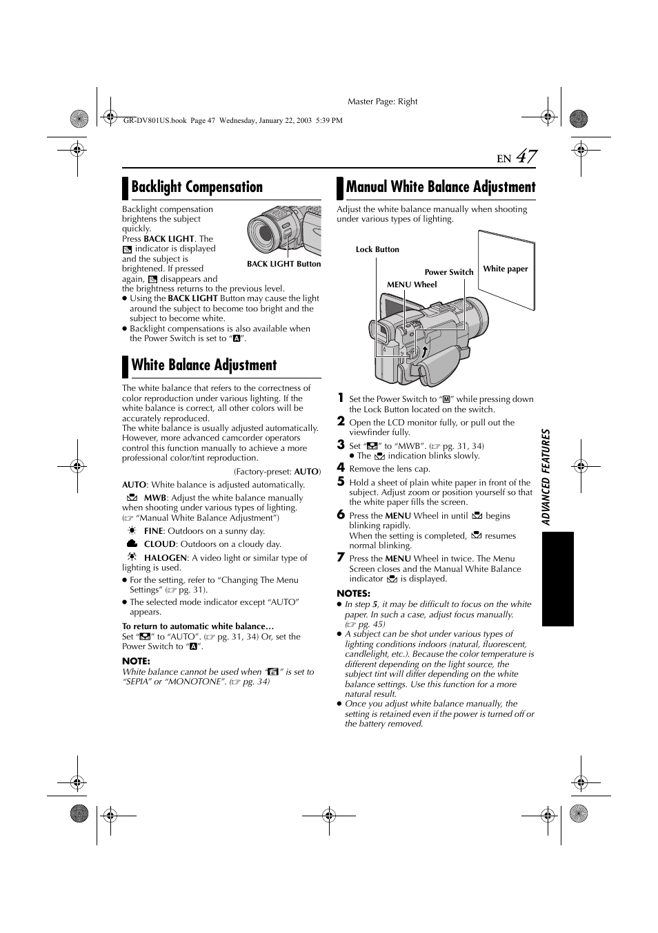 Backlight compensation, White balance adjustment, Manual white balance adjustment | Pg. 47), Tion, Backlight compensation white balance adjustment | JVC GR-DV801 User Manual | Page 47 / 88