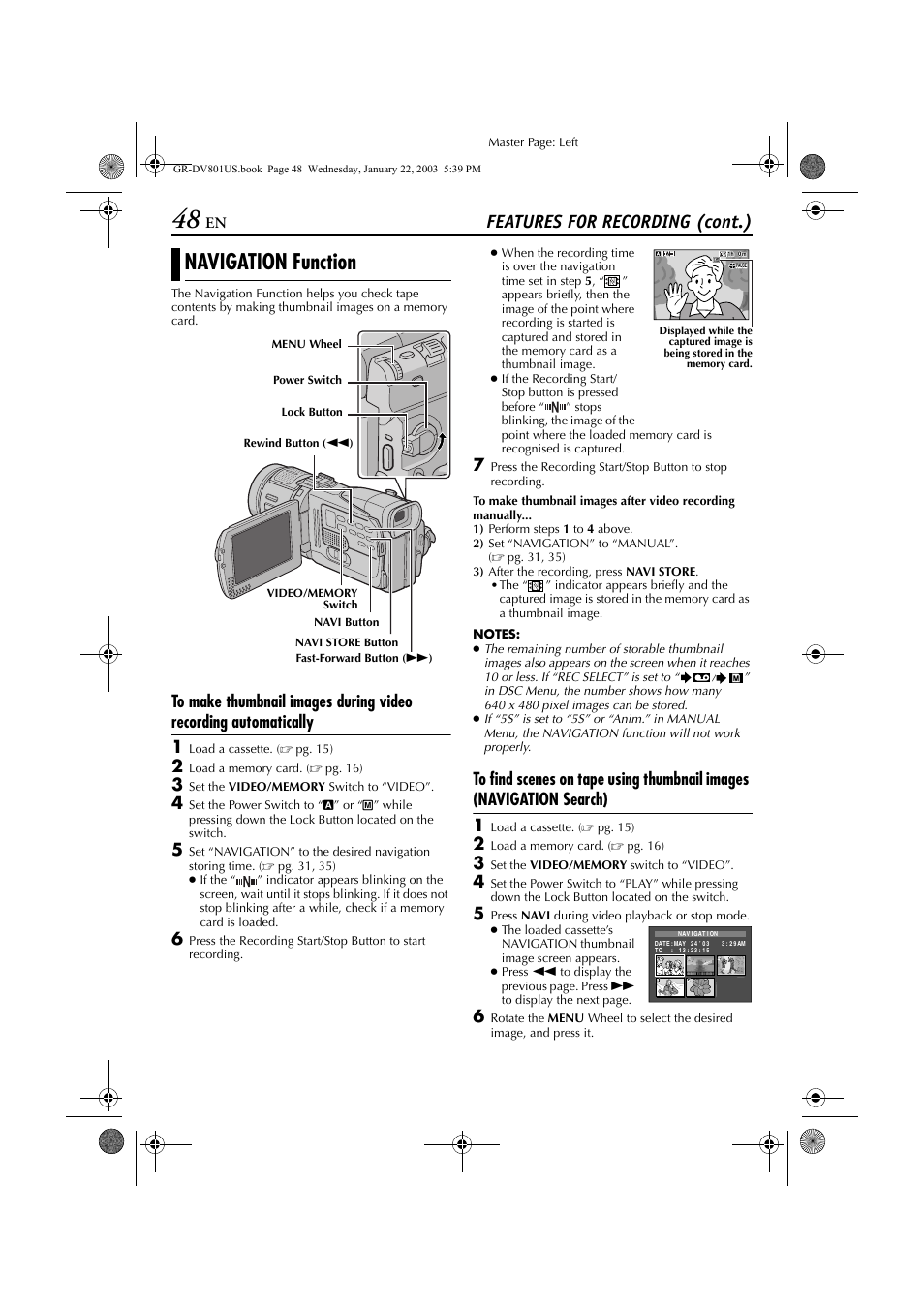 Navigation function, Ages, Pg. 48) | Features for recording (cont.) | JVC GR-DV801 User Manual | Page 48 / 88