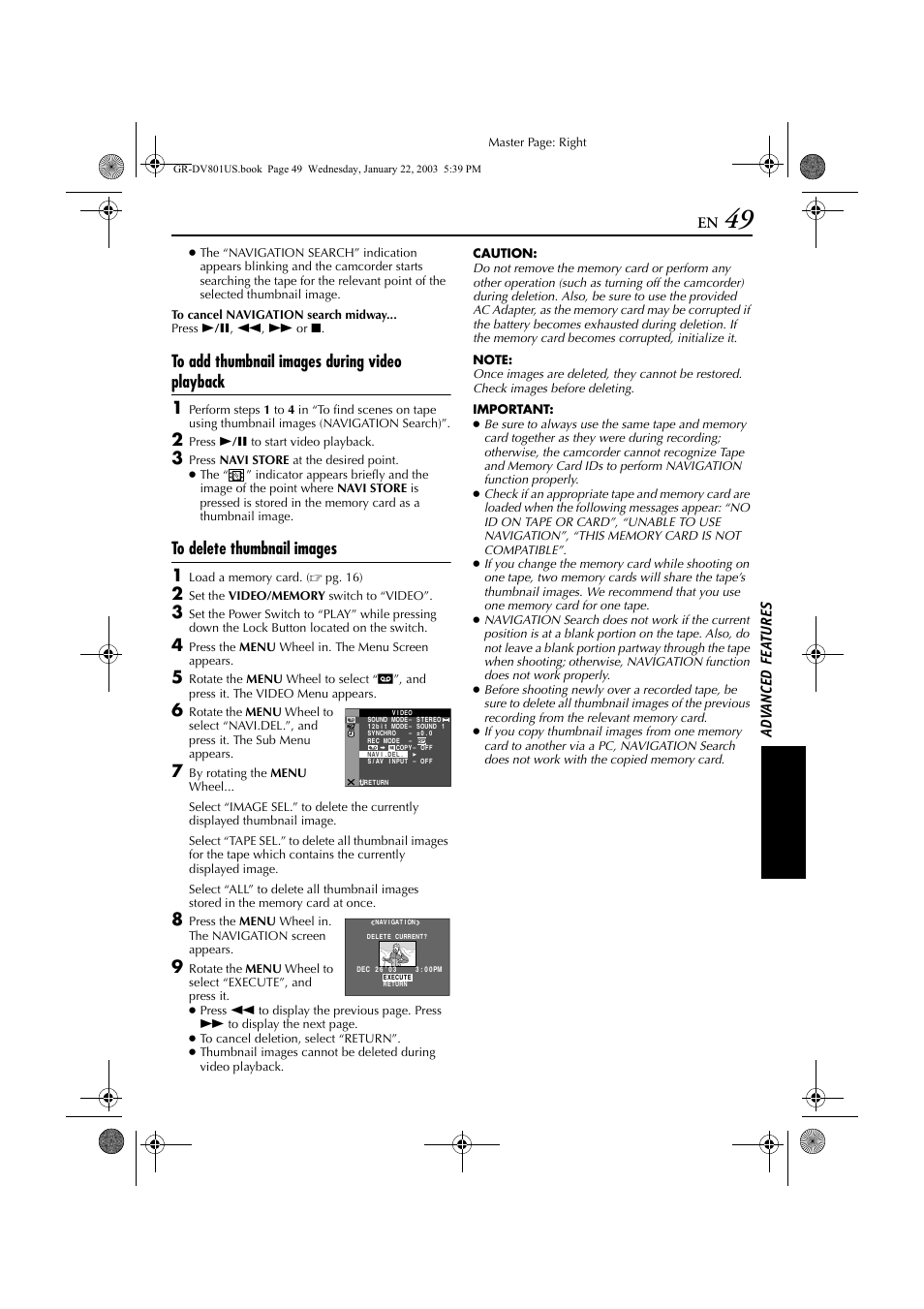 Pg. 49), To “to delete thumbnail images, Ad v a nced fe a ture s | JVC GR-DV801 User Manual | Page 49 / 88