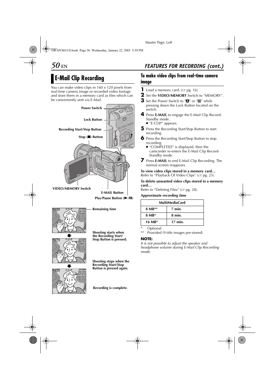 Email clip recording, View video clips, Pg. 50) stored | E-mail clip recording, Features for recording (cont.) | JVC GR-DV801 User Manual | Page 50 / 88