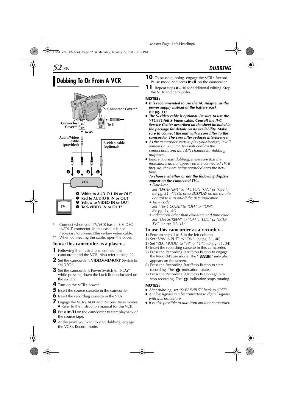 Dubbing, Dubbing to or from a vcr, Ubbing | Pg. 52, Connectors, Pg. 52) | JVC GR-DV801 User Manual | Page 52 / 88