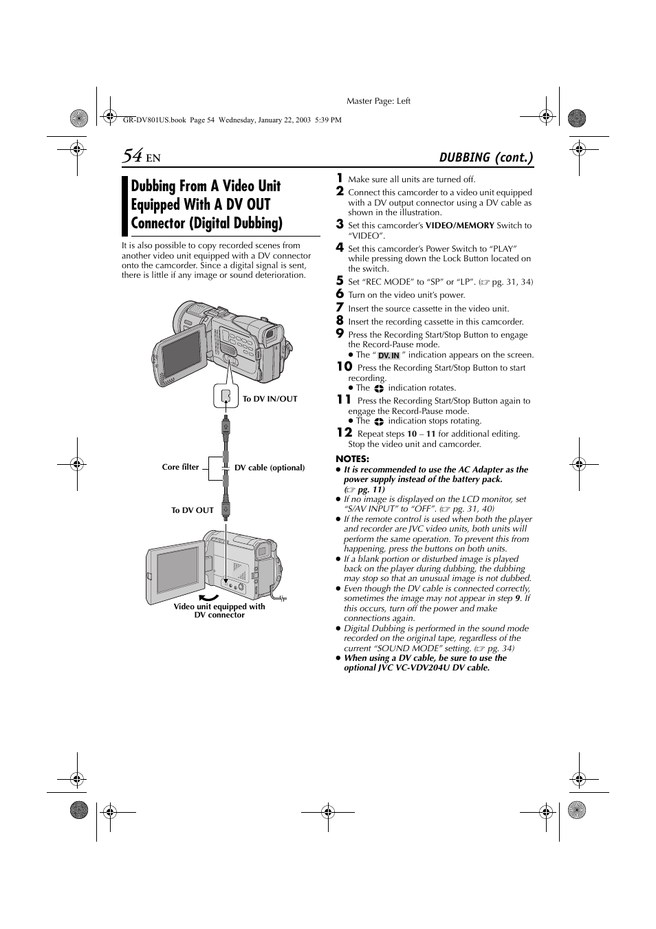 Pg. 54), Dubbing (cont.) | JVC GR-DV801 User Manual | Page 54 / 88