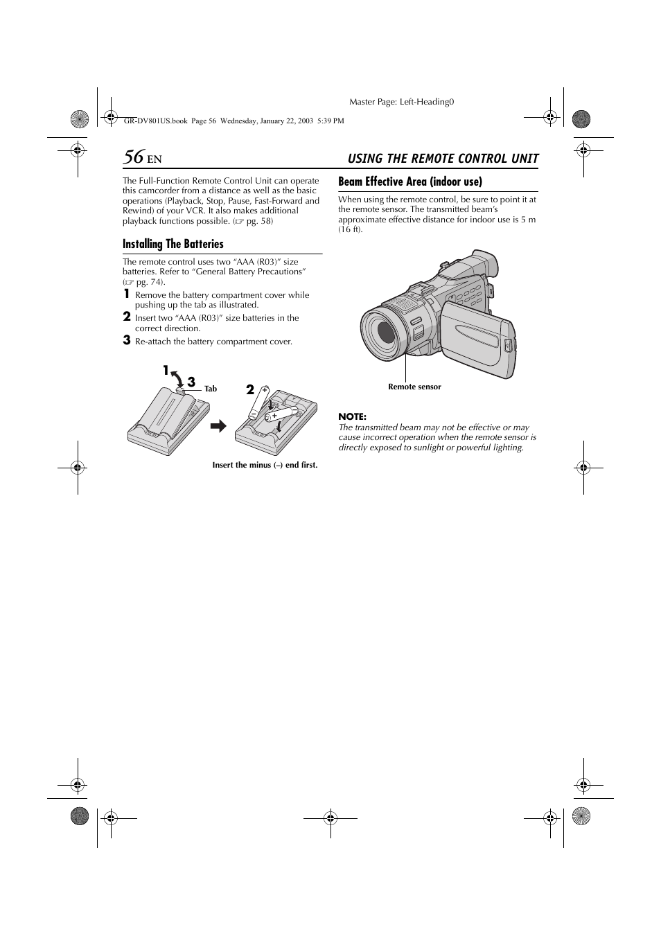 Using the remote control unit, Pg. 56) | JVC GR-DV801 User Manual | Page 56 / 88